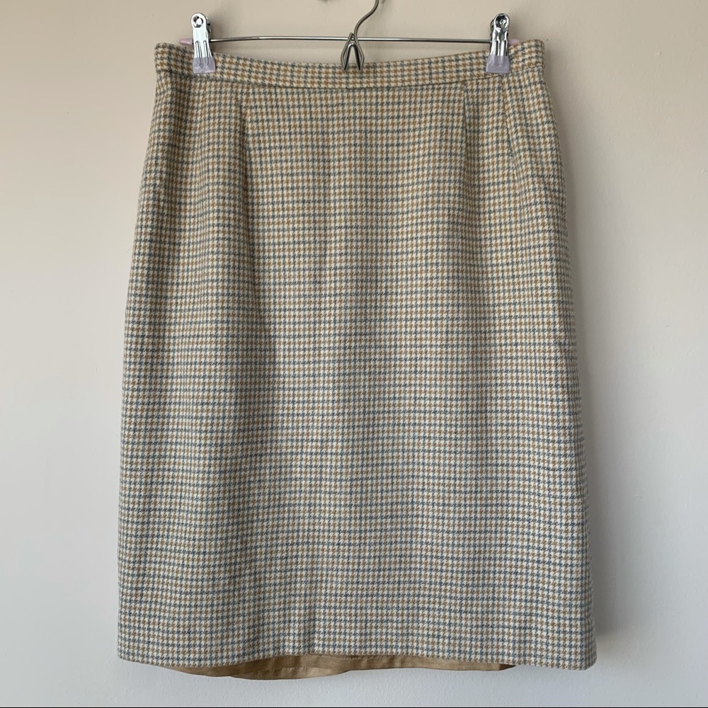 Pendleton Vintage Wool Pencil Skirt Houndstooth Size 14 Petite Gray Tan Cream